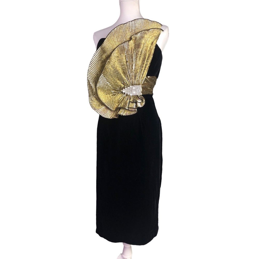 Vintage Art Deco Cocktail Dress M Black Velvet Gold Origami Fan Dave & Johnny - Picture 2 of 8
